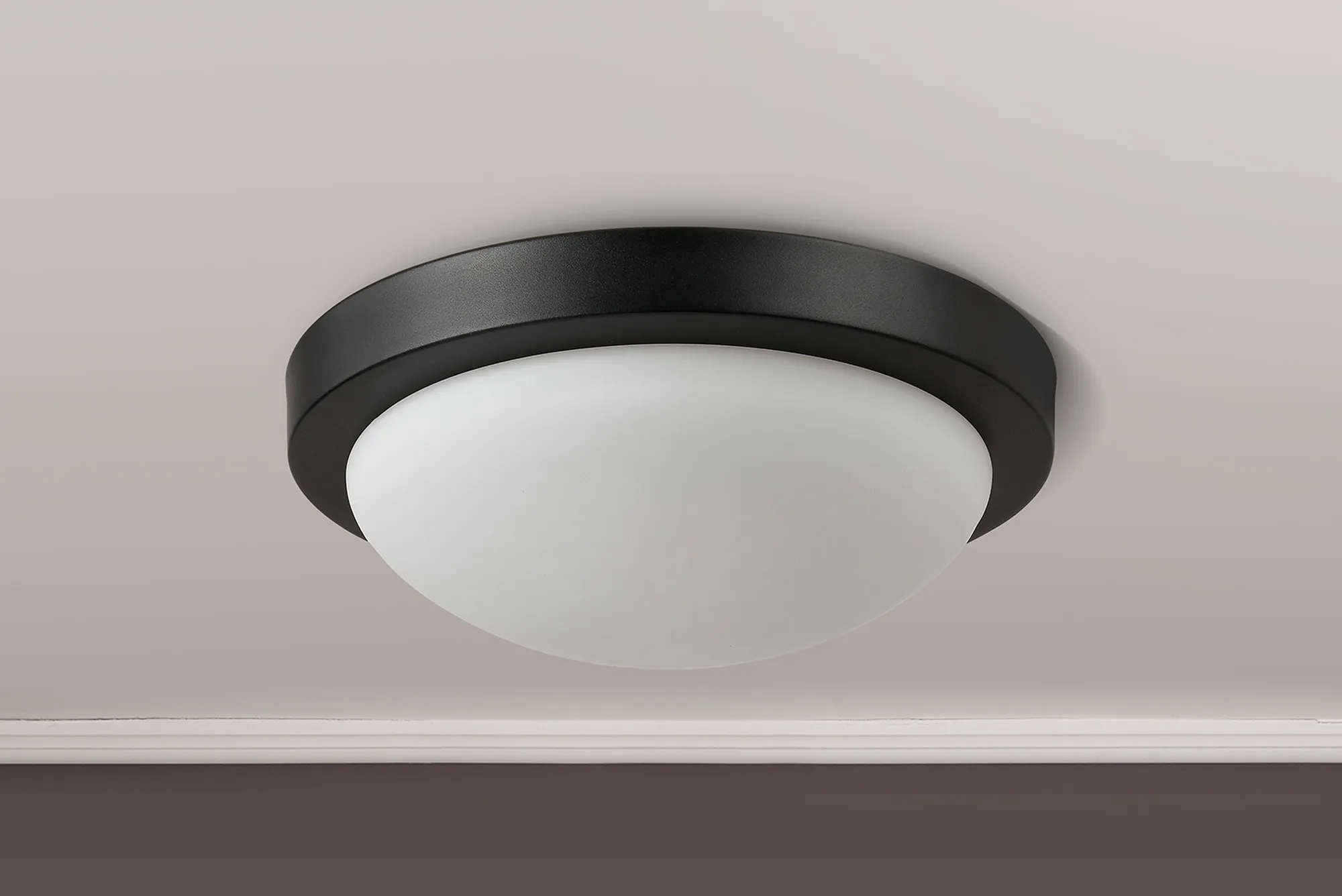 Porter 32cm Glass IP44 Flush Ceiling 2 Light Satin Black, Opal D0773  Deco Porter